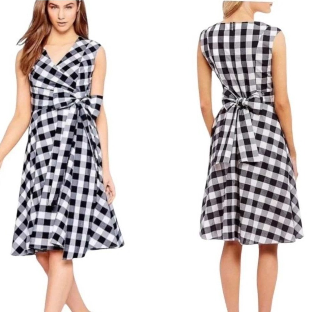Calvin Klein Womens Fit Flare Dress Black White Gingham Waist Tie Classic Retro - Picture 2 of 13
